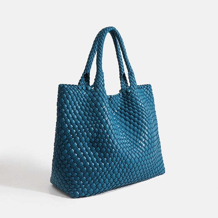 Close-up detail of chunky basket weave texture on tote bag surface