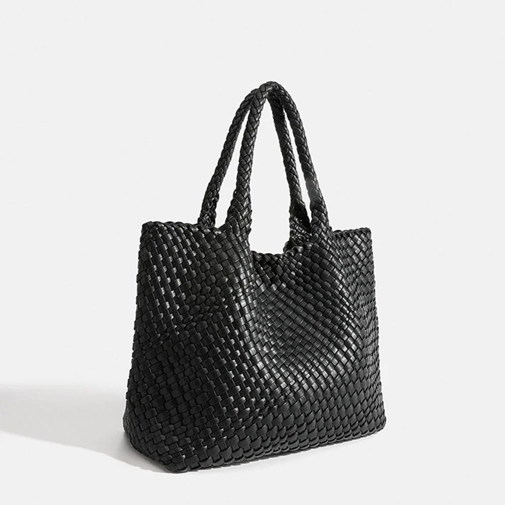 Woven tote bag in rust brown with open-top design and short woven handles