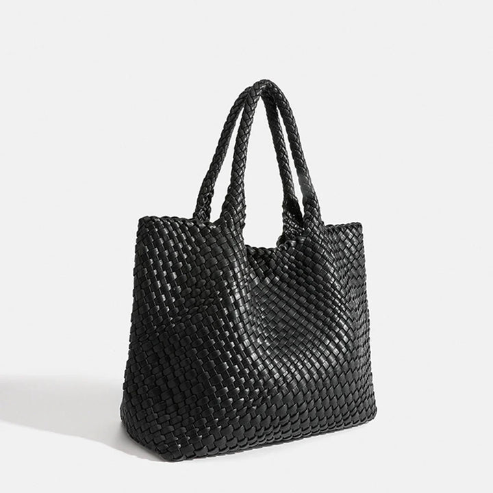 Woven tote bag in rust brown with open-top design and short woven handles
