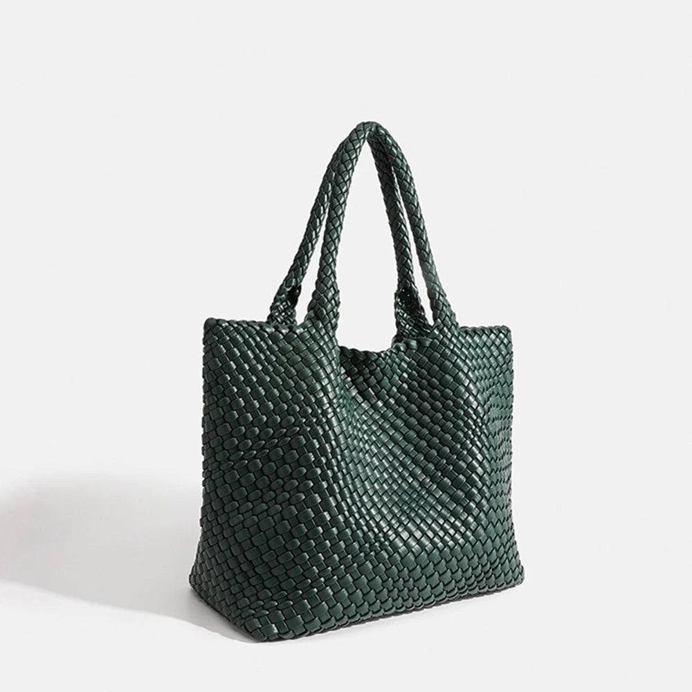 Front view of structured woven tote bag with seamless basket weave pattern