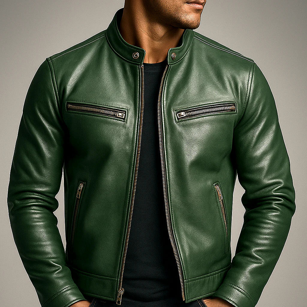 Men's biker jacket in green with stand collar and four zip pockets, front view