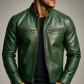 Men's biker jacket in green with stand collar and four zip pockets, front view