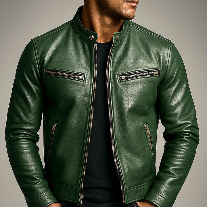 Men's biker jacket in green with stand collar and four zip pockets, front view