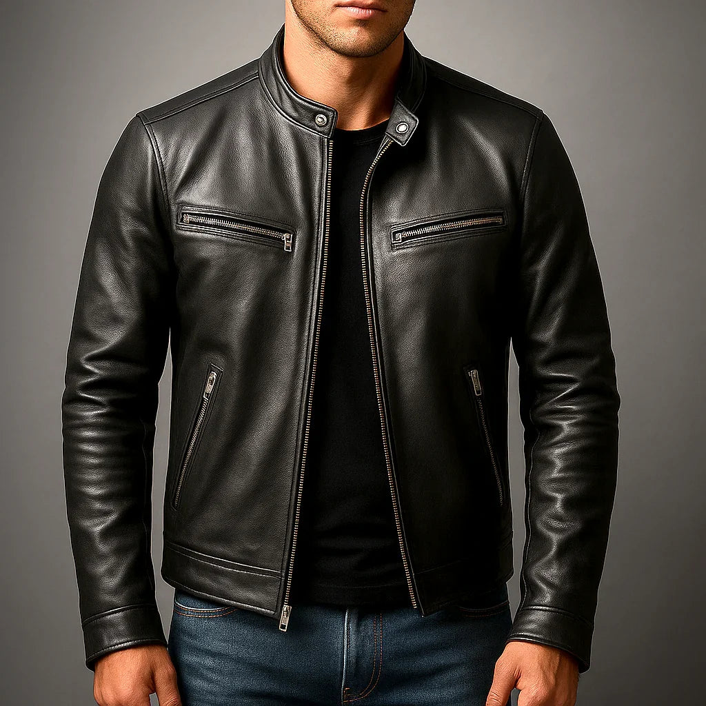 Close-up of men's biker jacket showing stand collar with snap button and chest zip pockets
