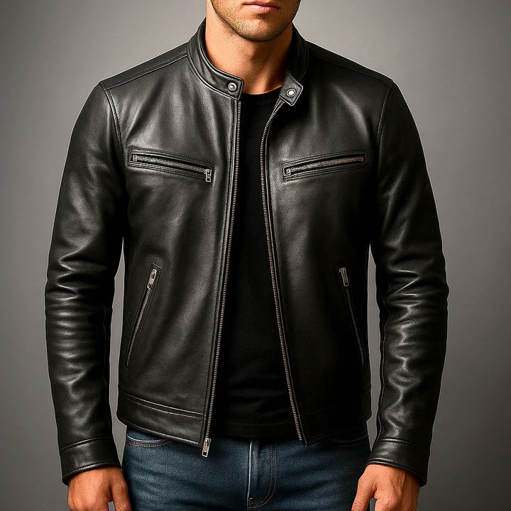 Close-up of men's biker jacket showing stand collar with snap button and chest zip pockets