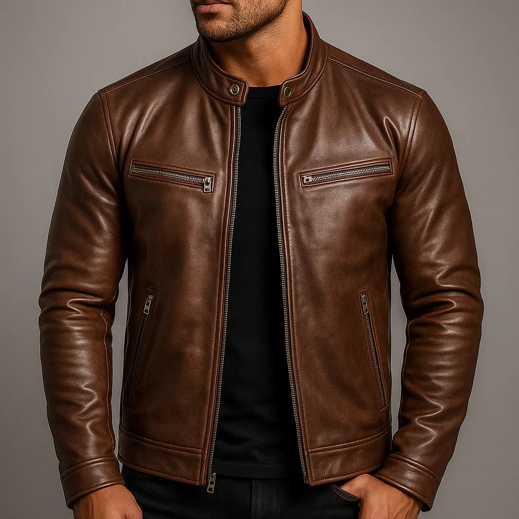 Side view of men's biker jacket highlighting tailored fit and stitched sleeve panelling