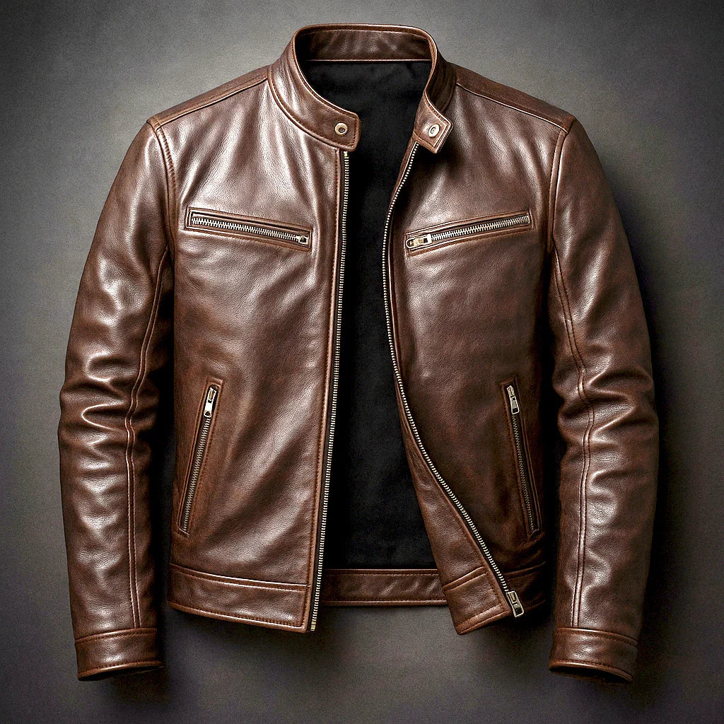 Detail shot of men's biker jacket waist zip pockets and full front zip fastening