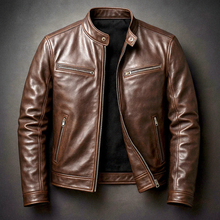 Detail shot of men's biker jacket waist zip pockets and full front zip fastening
