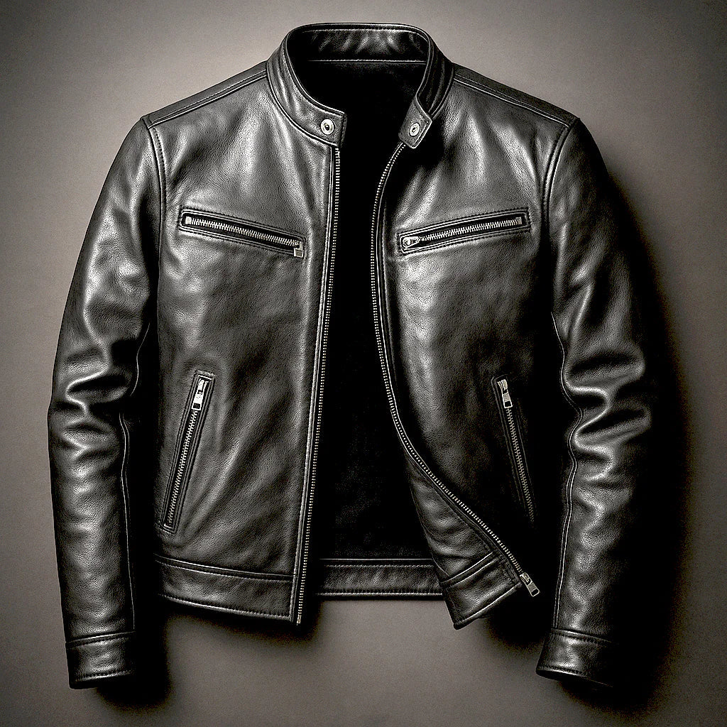 Rear view of men's biker jacket showing stitched panelling across back and shoulders