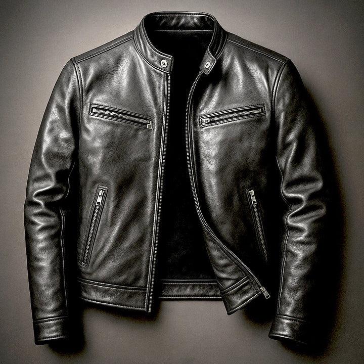 Rear view of men's biker jacket showing stitched panelling across back and shoulders