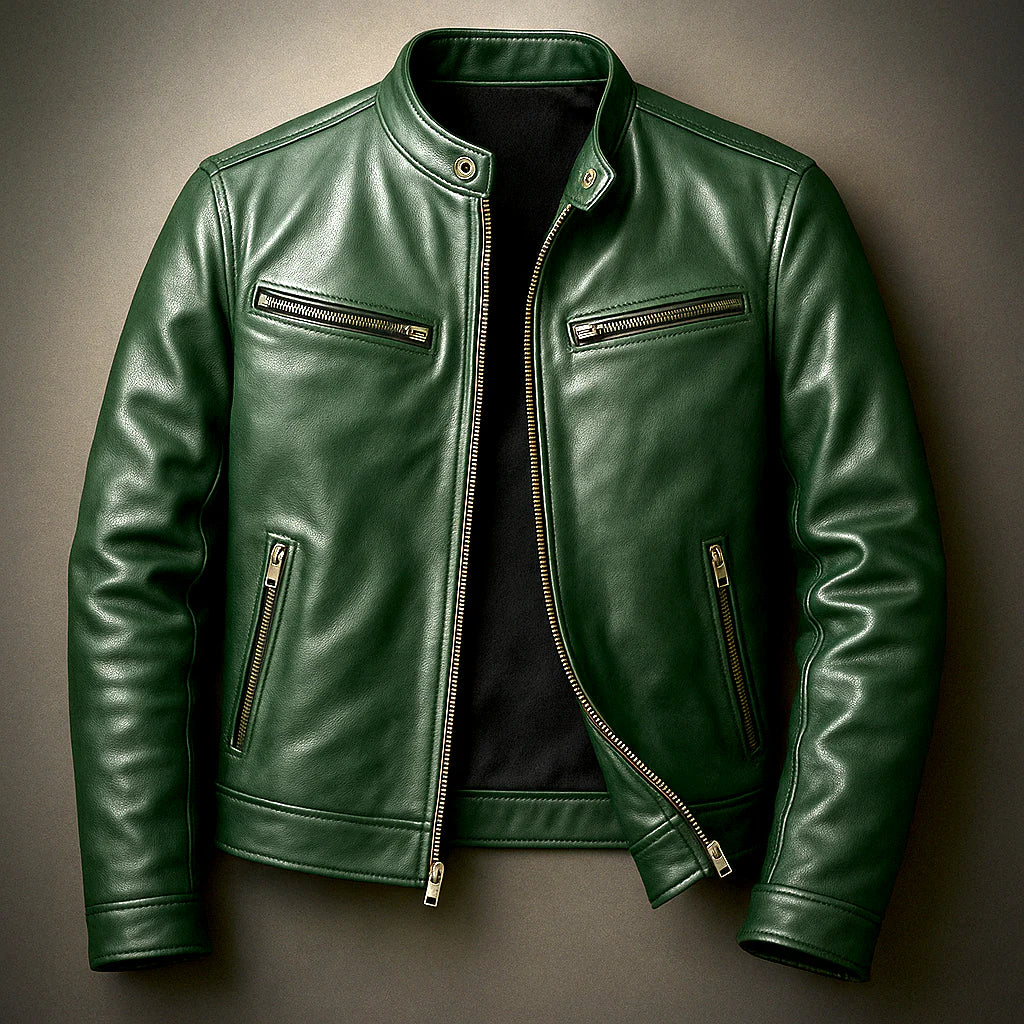 Men's biker jacket sleeve detail with zip cuff and structured fabric finish