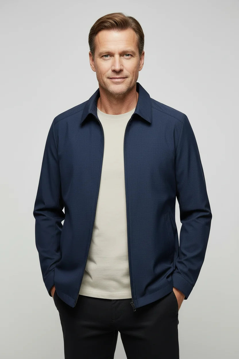 Men's Harrington jacket in navy with turn-down collar and zip-up front closure for smart casual wear