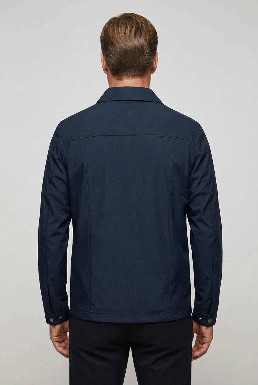 Front view of men's lightweight Harrington jacket showing structured silhouette and classic collar detail