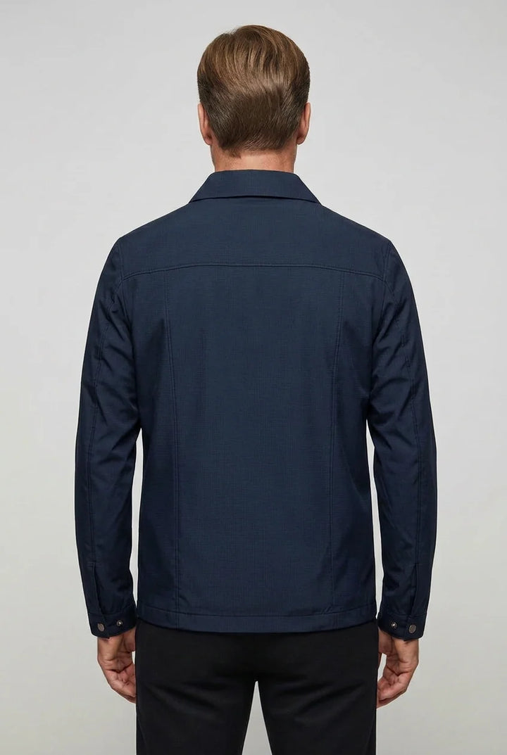 Front view of men's lightweight Harrington jacket showing structured silhouette and classic collar detail