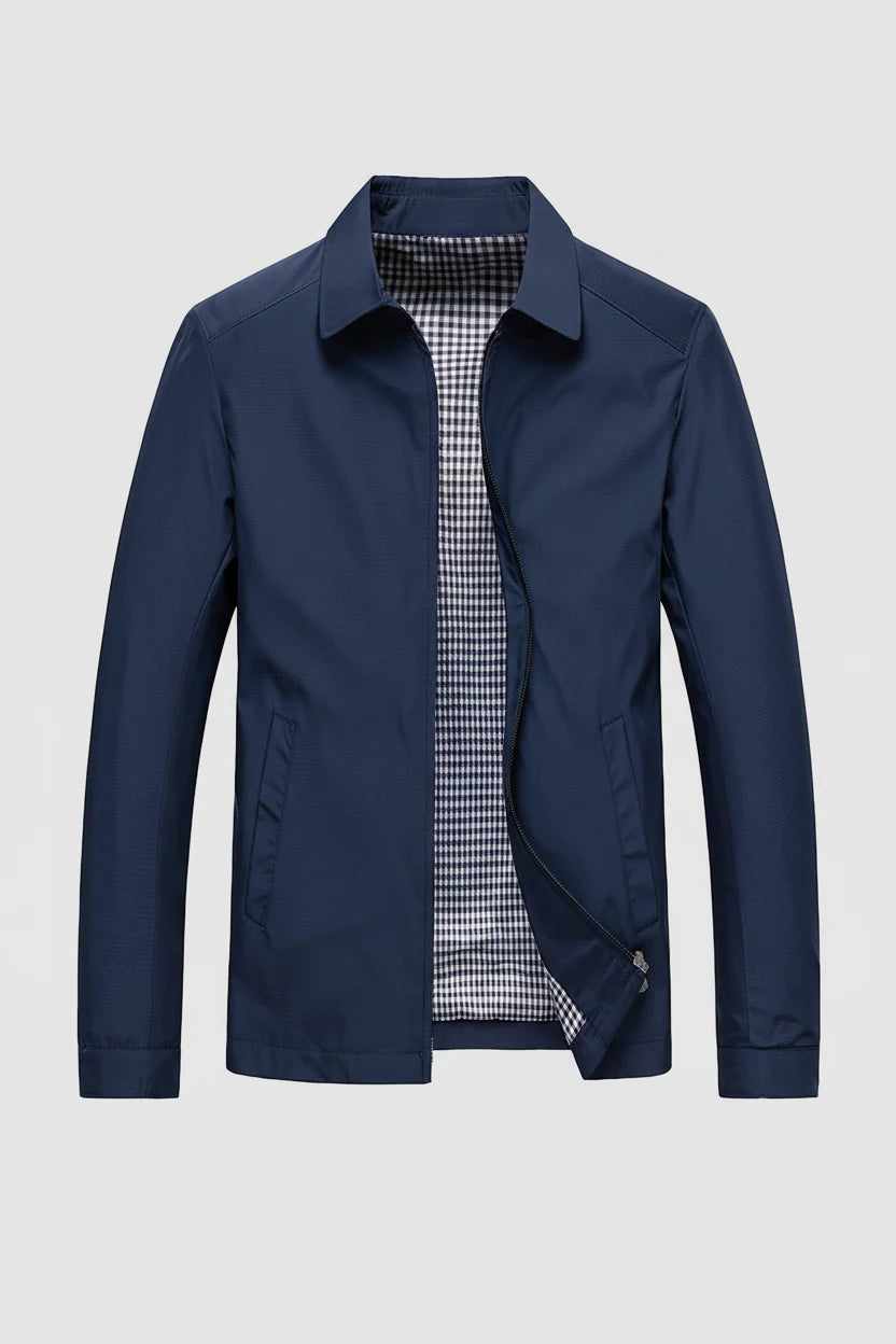 Close-up of men's Harrington jacket zip closure and smooth woven fabric construction