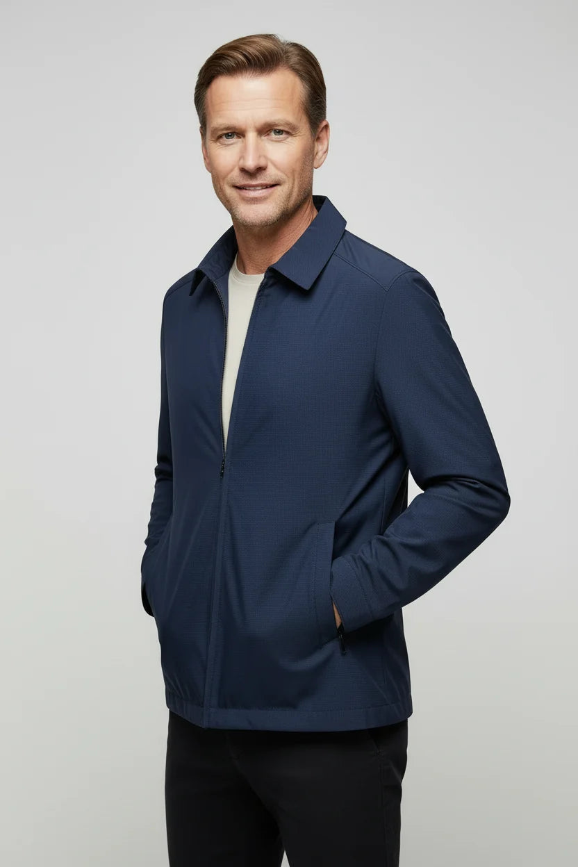 Men's Harrington jacket styled over casual shirt showing smart casual outfit coordination