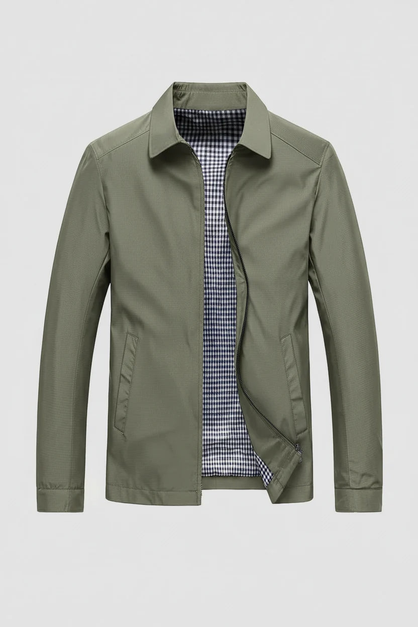 Back view of men's lightweight Harrington jacket showing clean structured silhouette