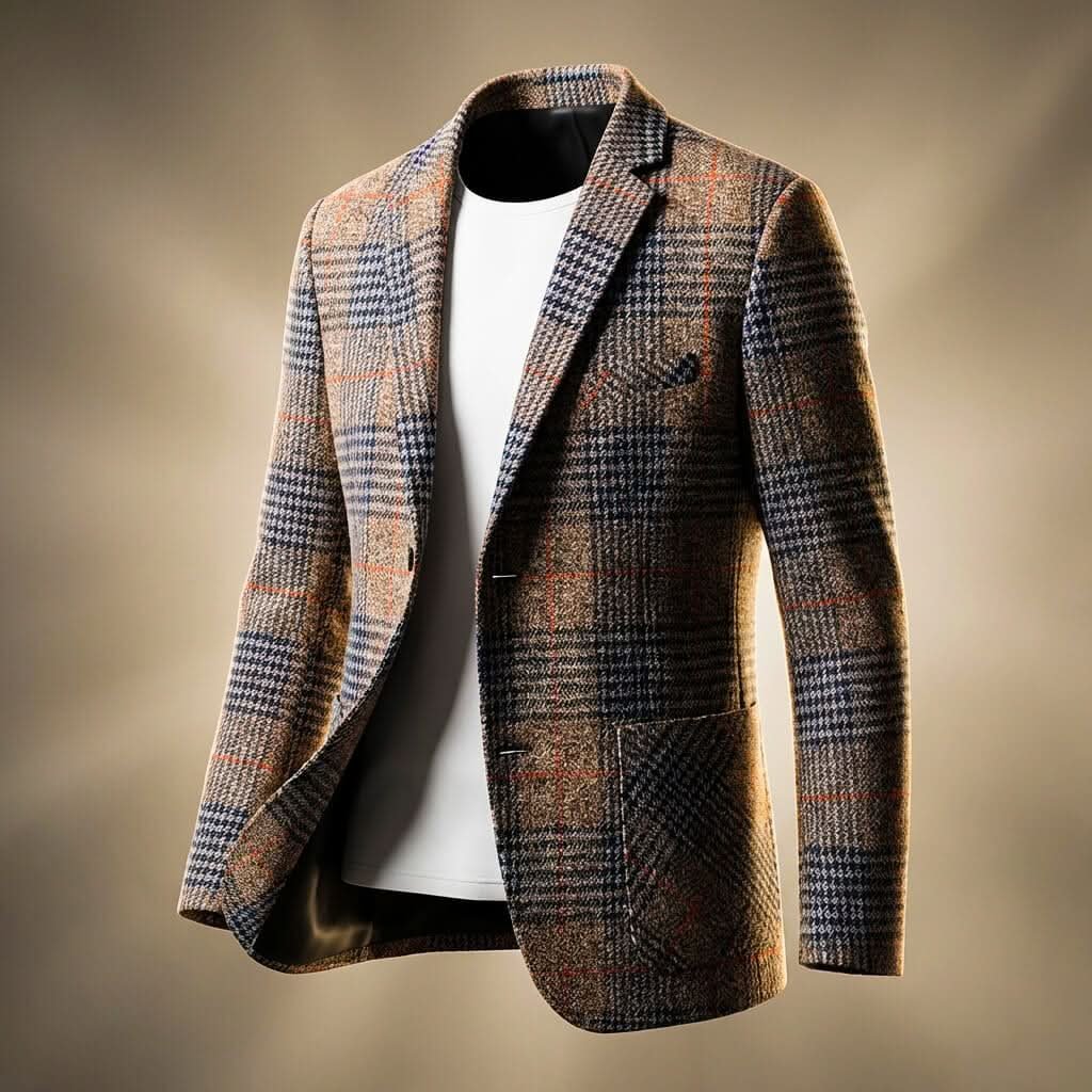Men's houndstooth tailored blazer with notch lapel and two-button closure on neutral background