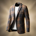 Men's houndstooth tailored blazer with notch lapel and two-button closure on neutral background