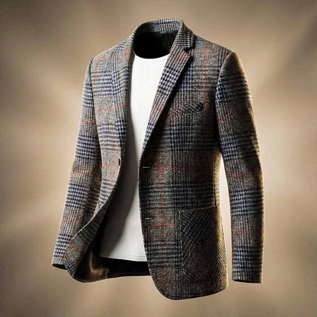 Close-up view of men's houndstooth blazer showing woven check pattern and structured lapel detail