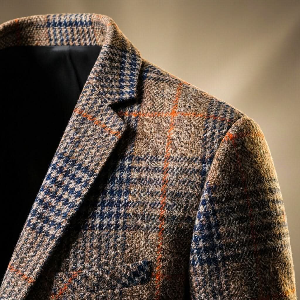 Side angle of men's tailored blazer displaying patch pockets and mid-weight fabric drape