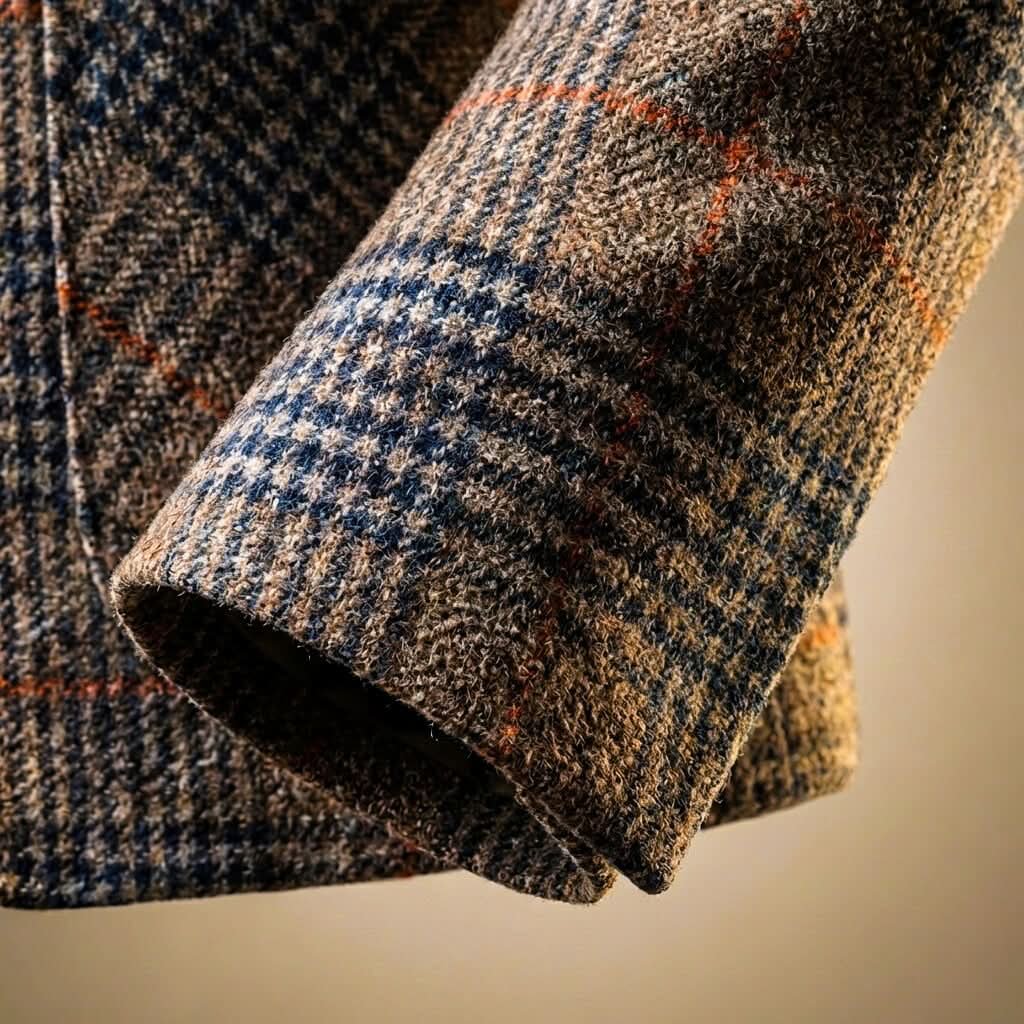 Rear view of men's houndstooth blazer showing full-length sleeves and tailored back construction