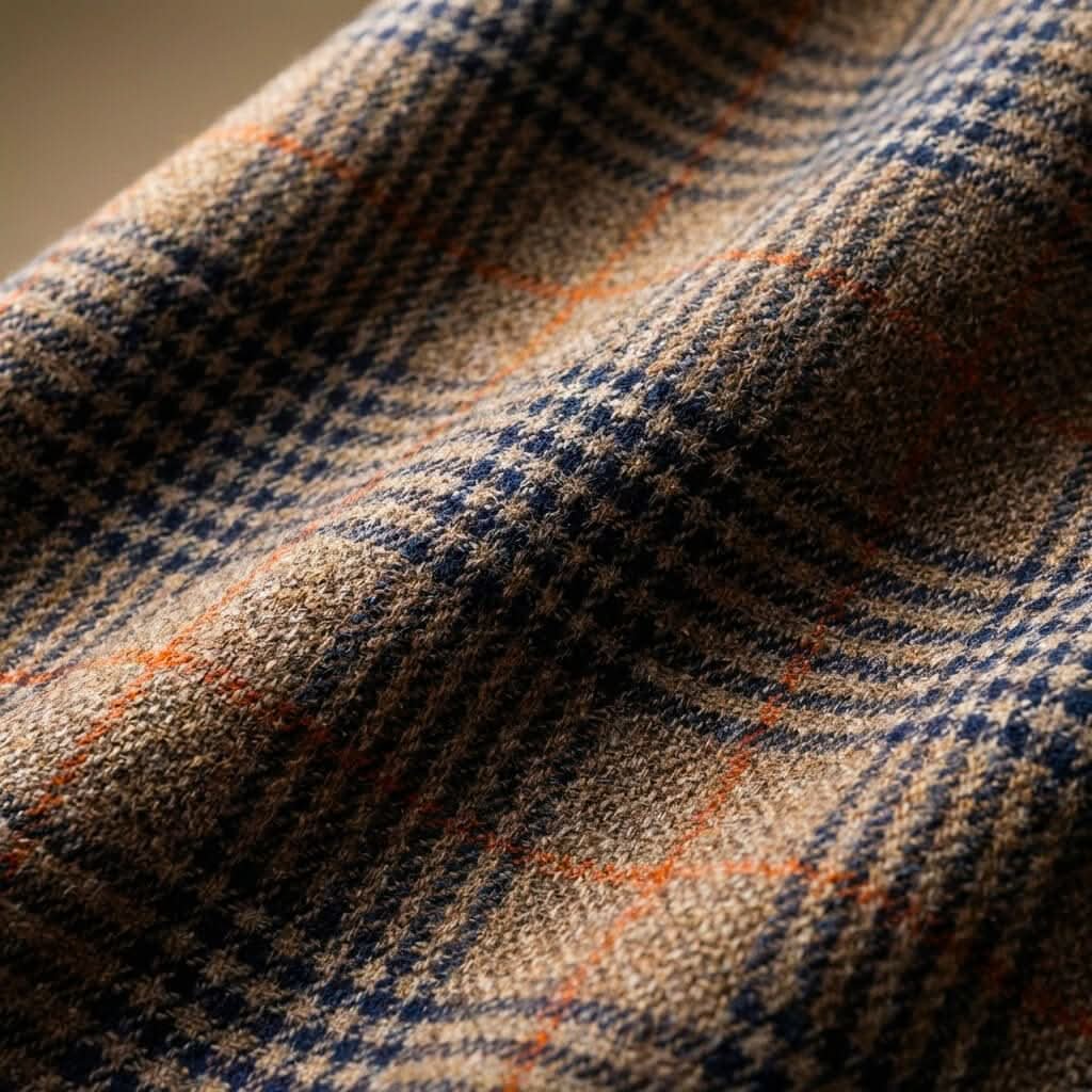 Detail shot of men's blazer interior lining and houndstooth pattern weave texture