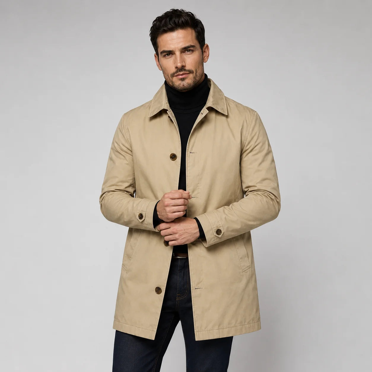 Man wearing beige tailored longline coat with button front closure over black turtleneck and dark trousers