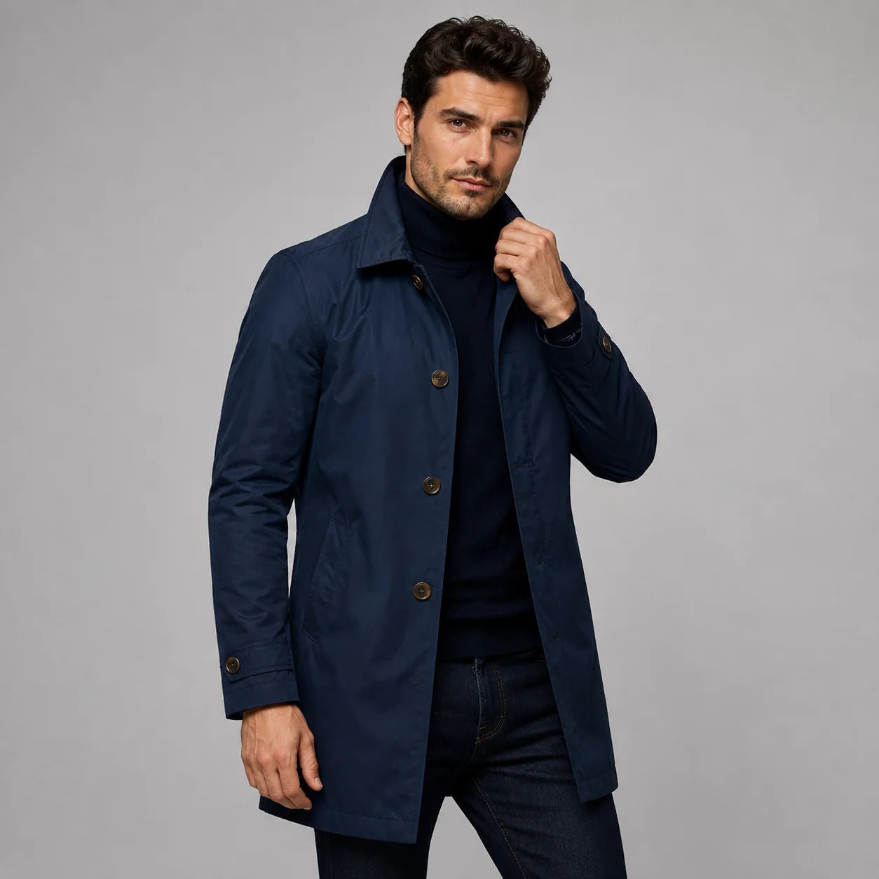 Close-up view of beige longline coat showing structured collar and button front detail with smooth fabric finish