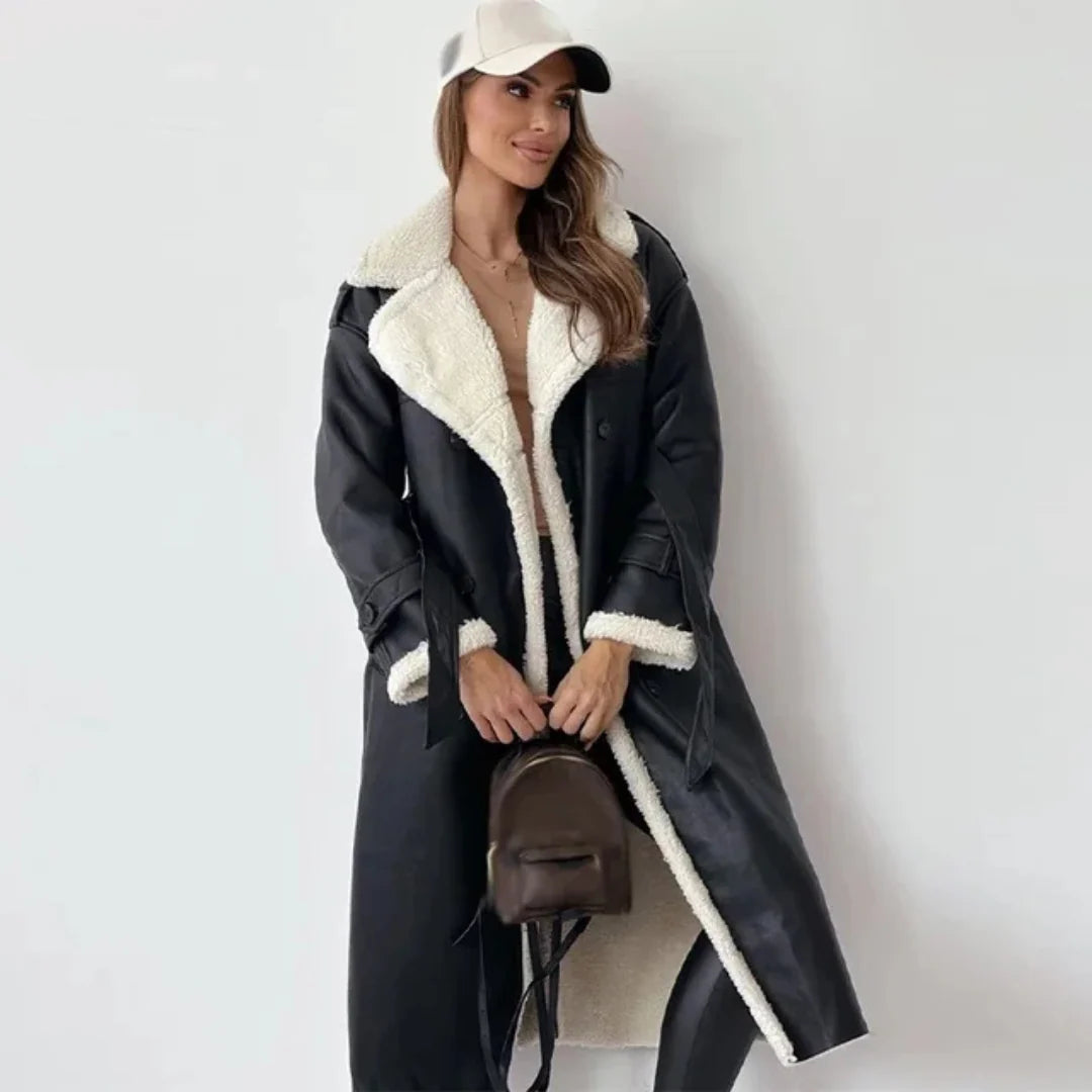 Close-up of sherpa fleece collar and cuff detail on women's trench coat