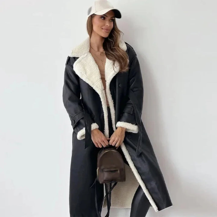 Close-up of sherpa fleece collar and cuff detail on women's trench coat