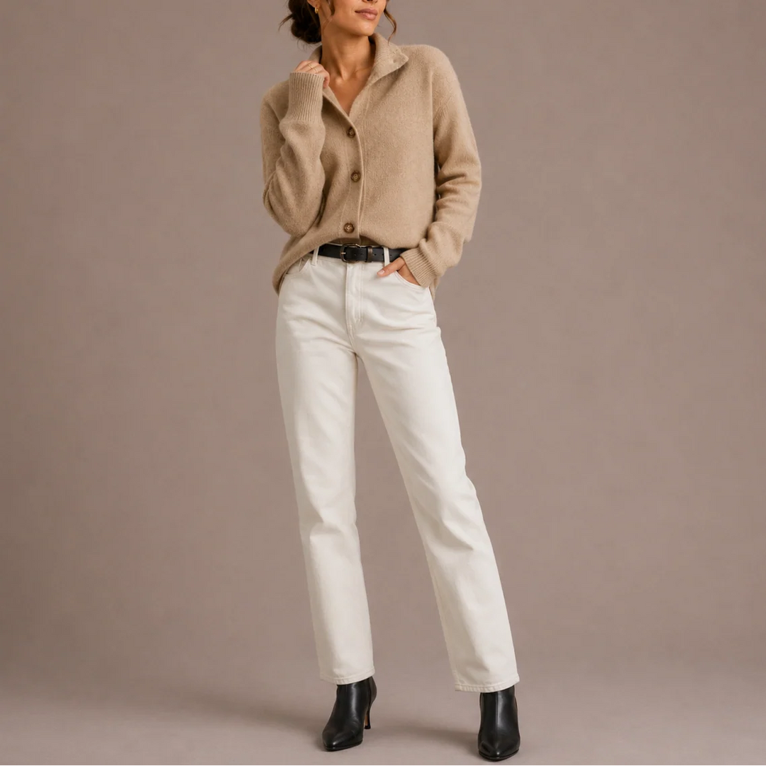 Women's collared knit cardigan styled with trousers for smart-casual autumn look