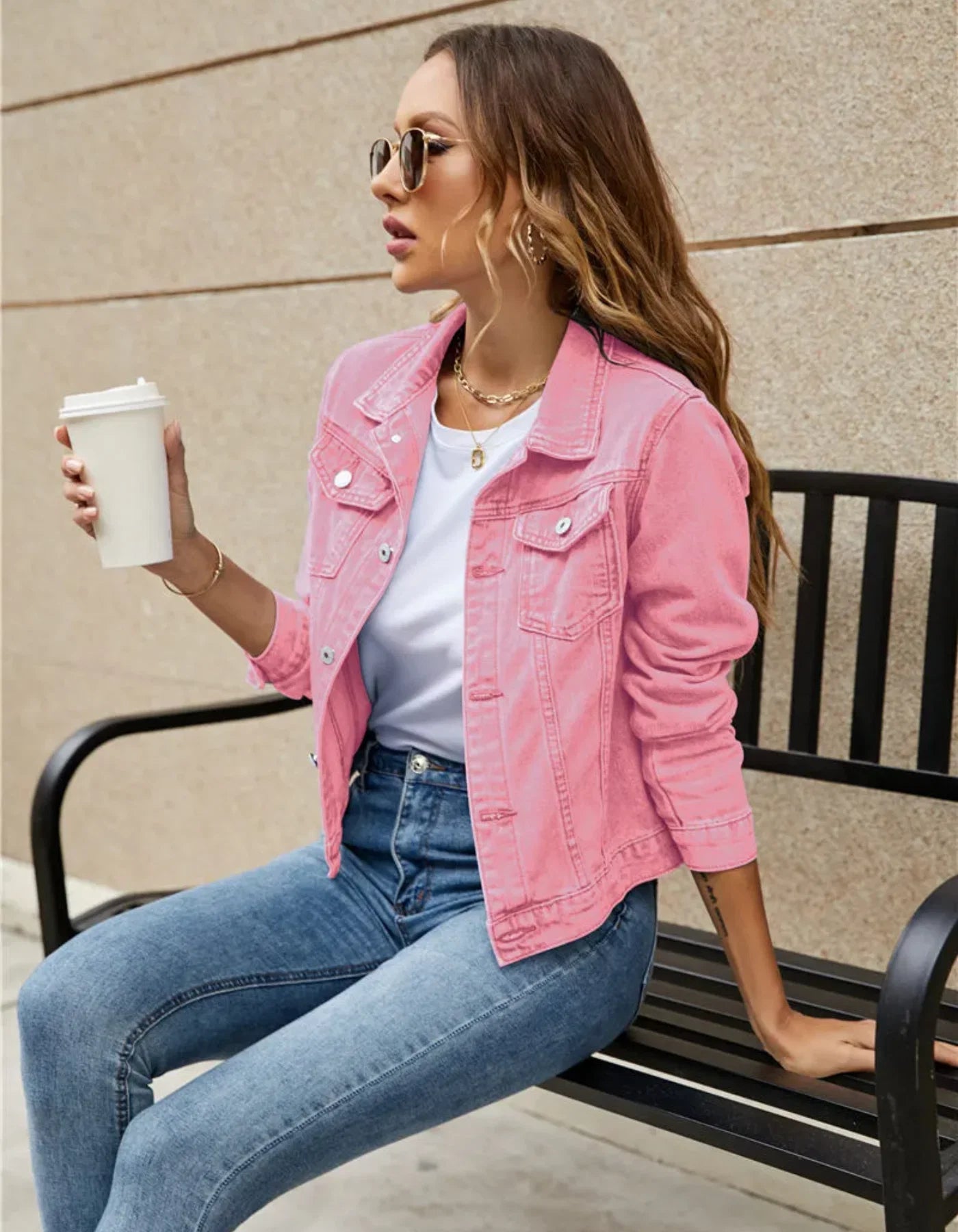 Full outfit featuring cropped denim jacket paired with jeans for casual weekend look
