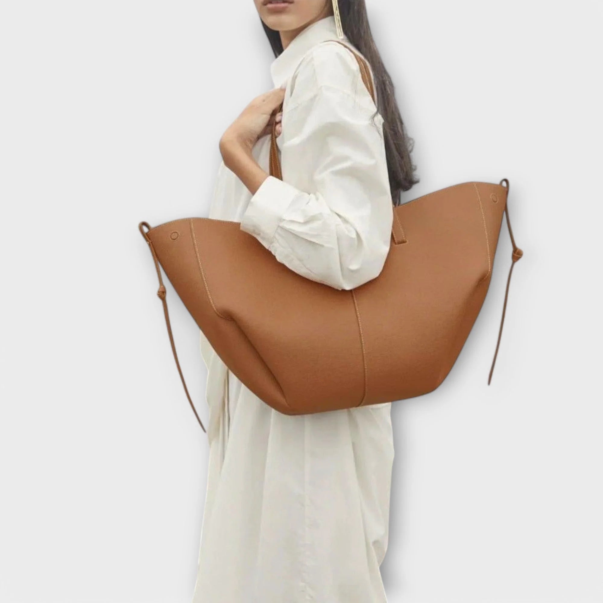Taupe shoulder tote bag styled with casual outfit for work and weekend occasions