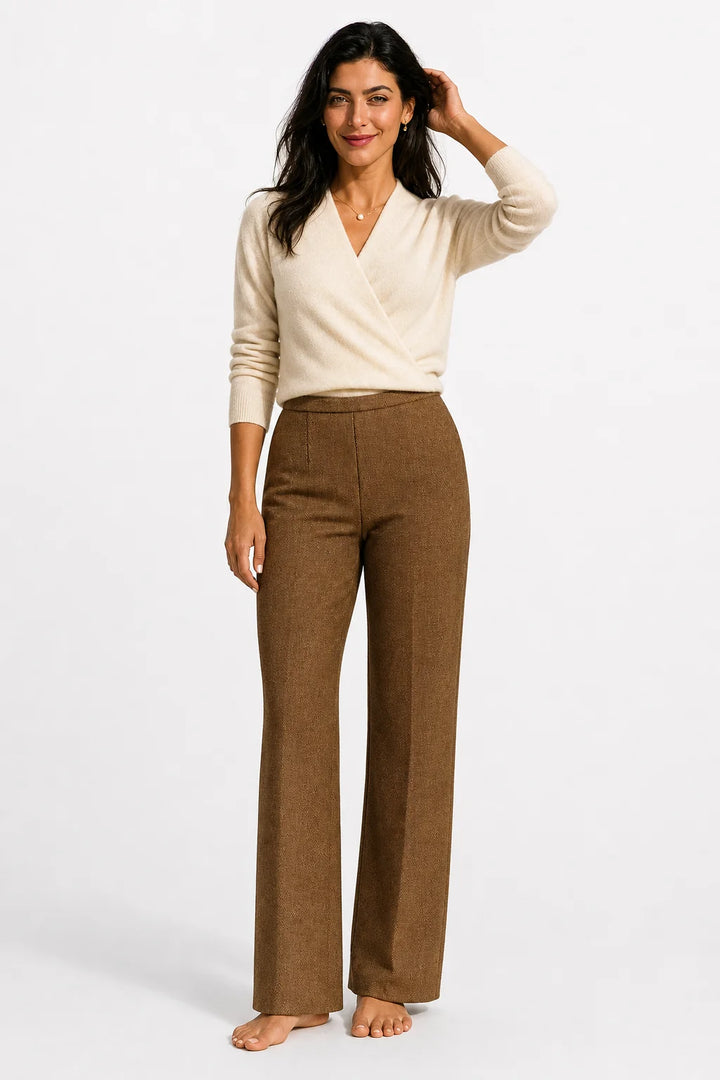 Women's mohair sweater in taupe showing versatile design for day-to-evening wear