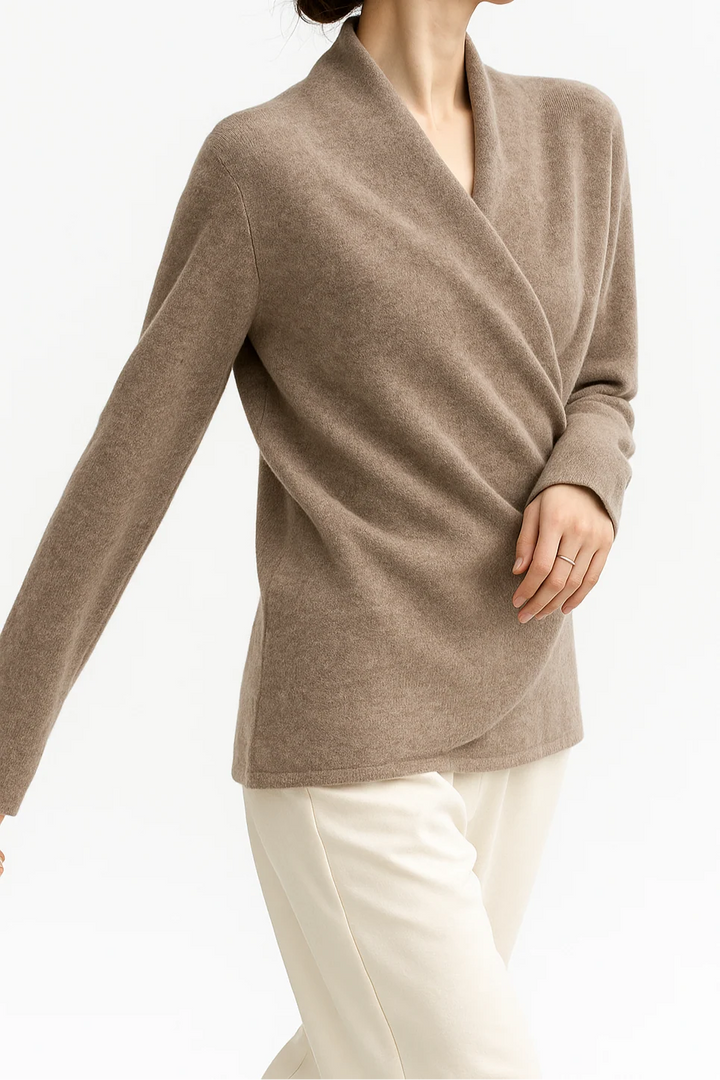 Detail of mohair sweater V-neck crossover front and draped neckline