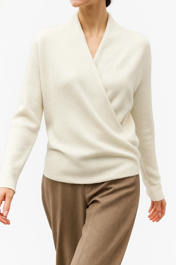 Woman wearing taupe mohair sweater with wrap V-neck for casual layering