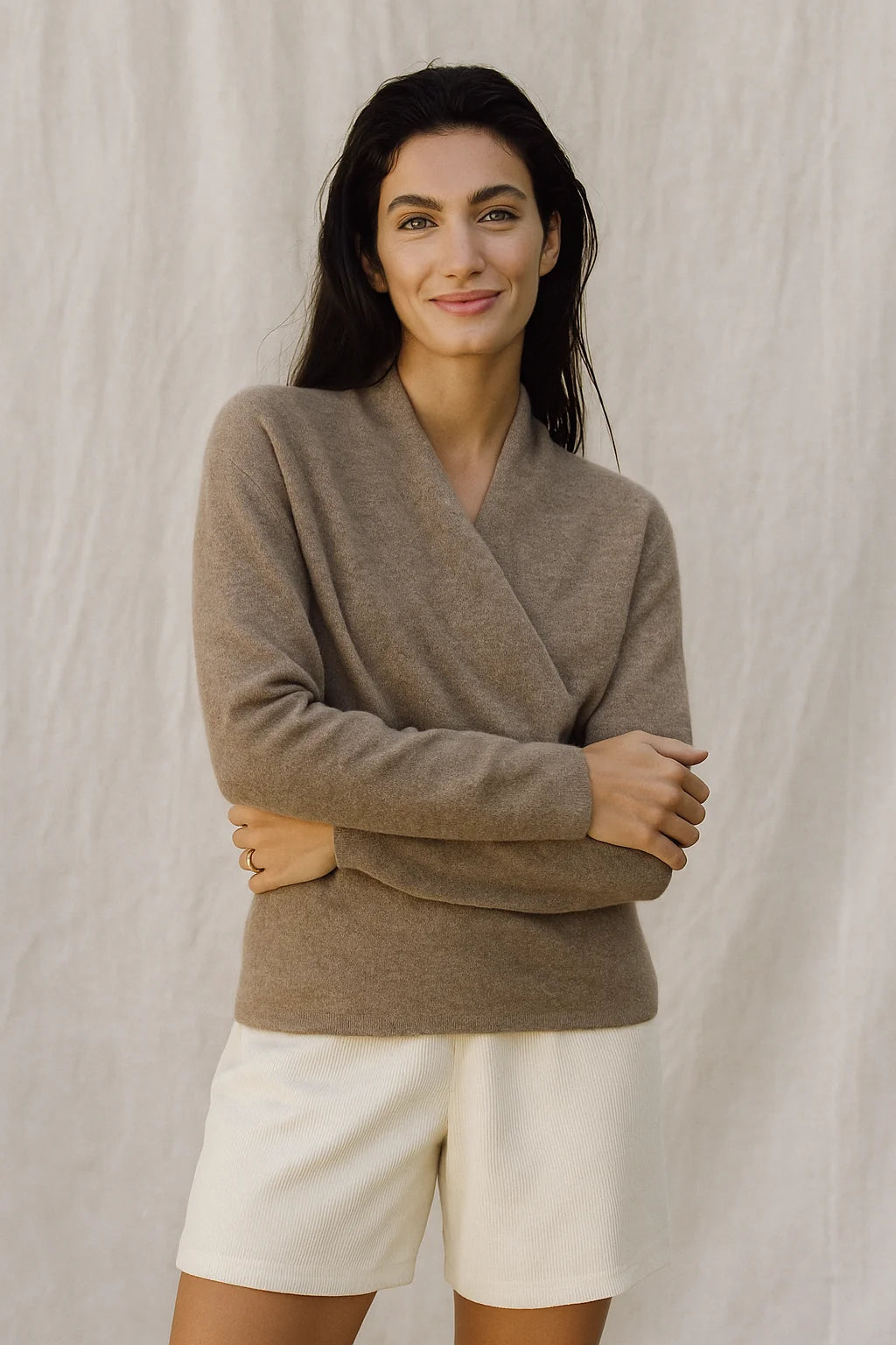 Mohair sweater V-neck wrap detail with long sleeves and relaxed silhouette