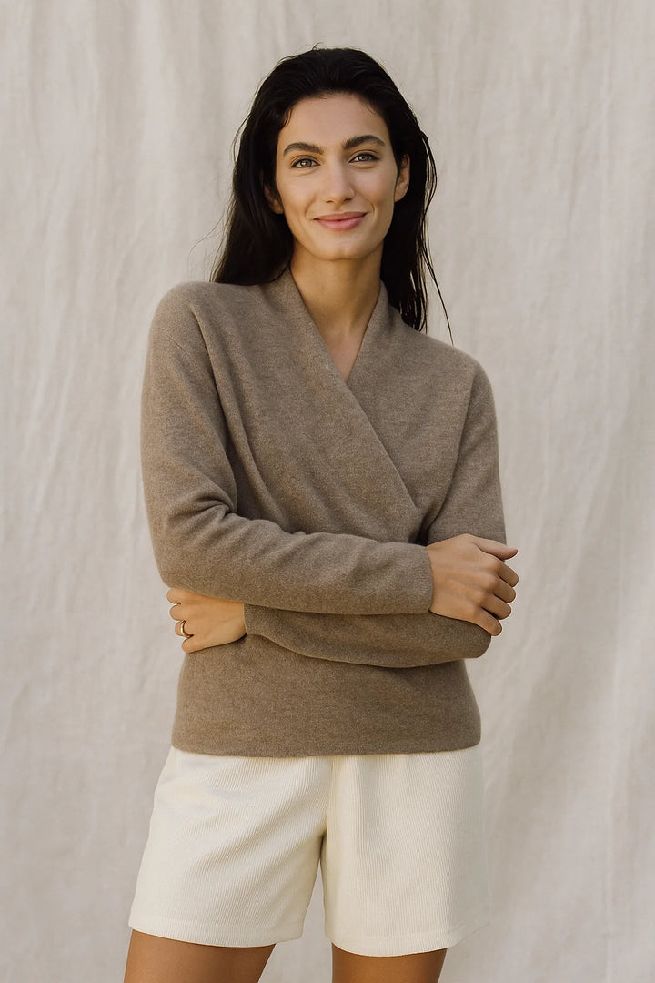 Mohair sweater V-neck wrap detail with long sleeves and relaxed silhouette