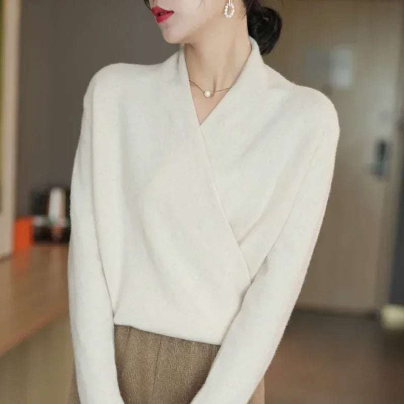 Mohair sweater V-neck crossover front styled with high-waist trousers