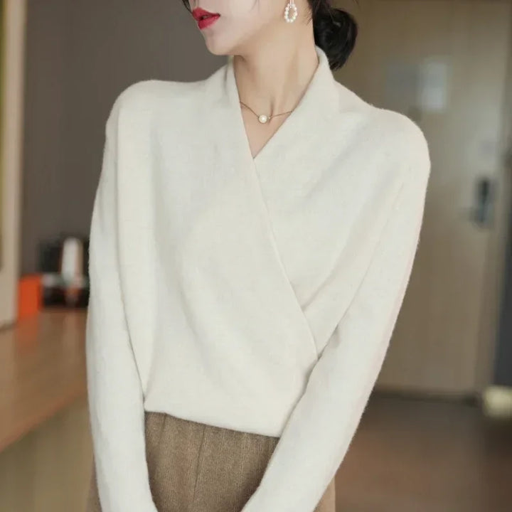 Mohair sweater V-neck crossover front styled with high-waist trousers