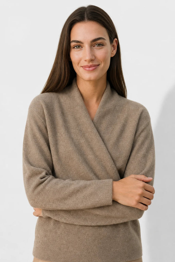Back view of women's mohair sweater with clean knit finish and ribbed trims
