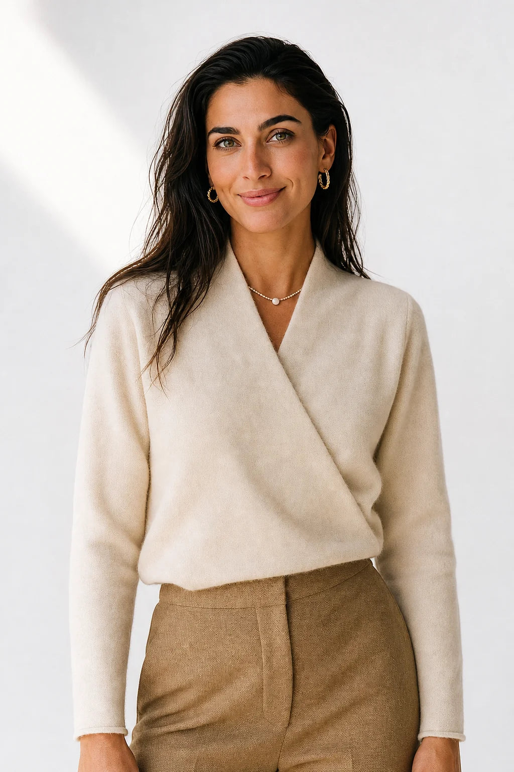 Mohair sweater wrap V-neck styled for layering over camisole with tailored trousers