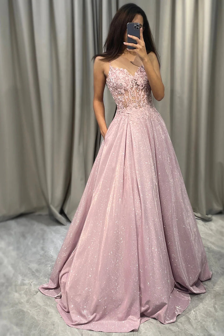 Embellished maxi dress with lace bodice and flowing shimmer skirt in soft pink, full-length view