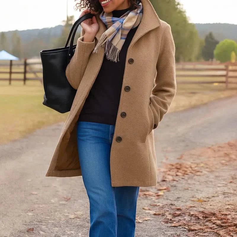 Woman wearing camel funnel neck wool coat with button closure and tailored fit outdoors