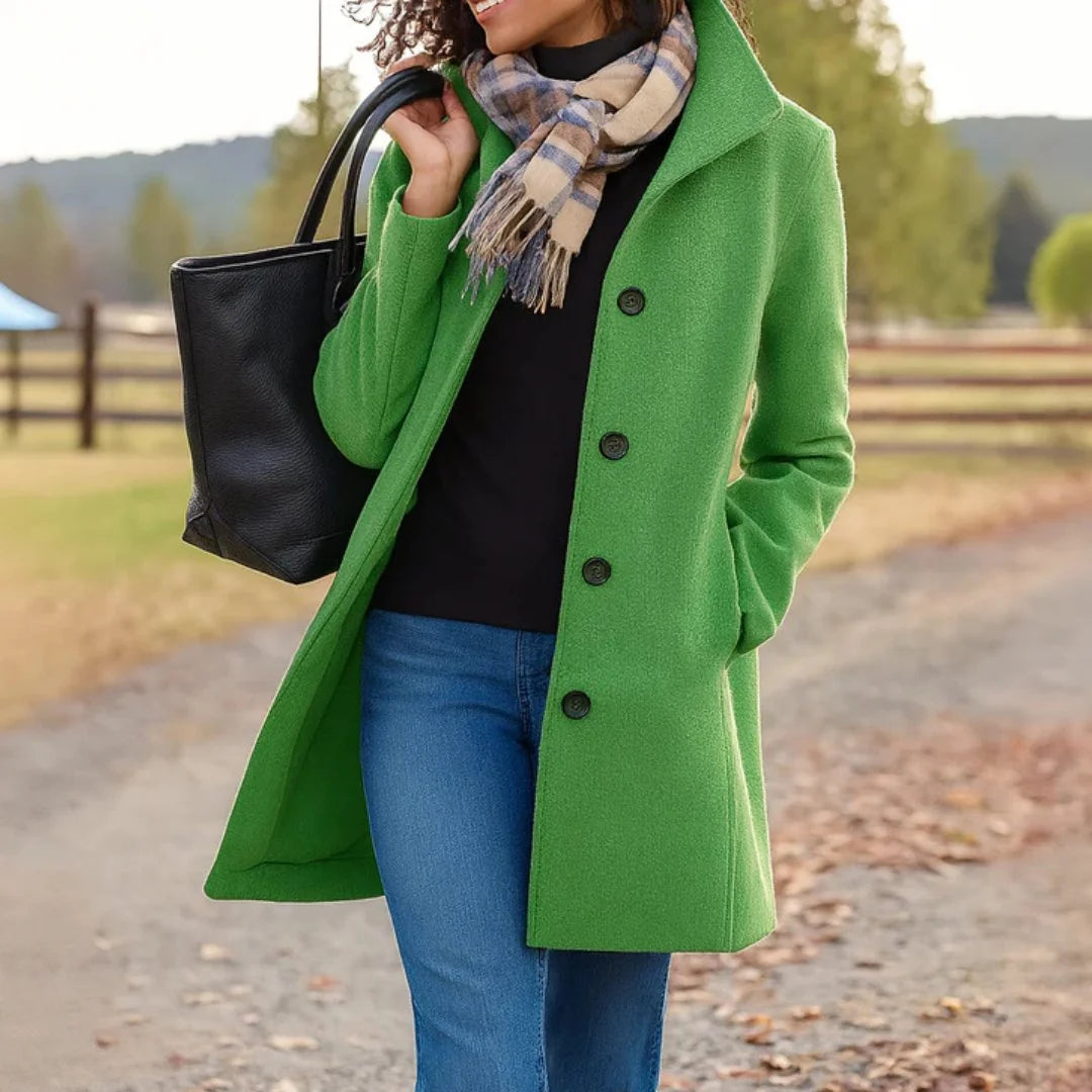Styled look featuring camel wool coat layered over casual separates for everyday wear