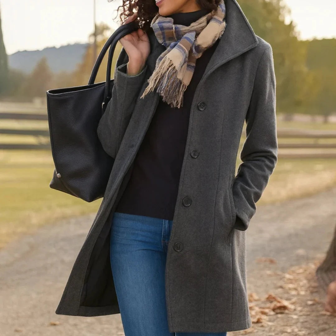 Close-up of funnel neck wool coat showing structured collar and button-through front detail