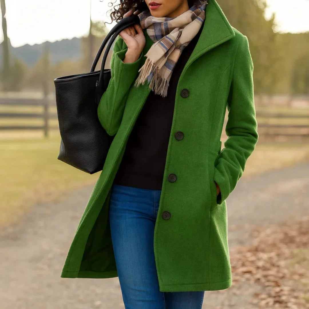 Detail of wool coat button closure and structured fabric with dense insulating feel