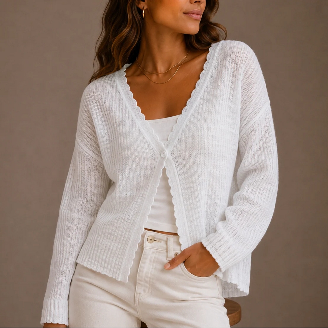 Close-up view of ribbed knit texture and scalloped V-neck detail on women's cardigan