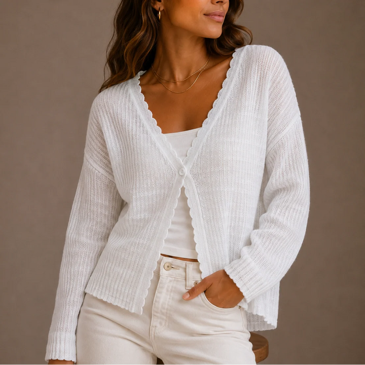 Close-up view of ribbed knit texture and scalloped V-neck detail on women's cardigan